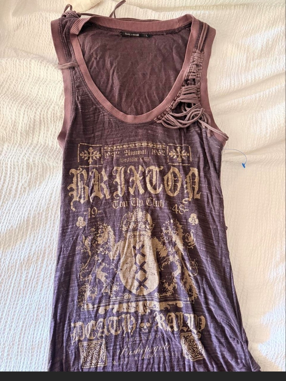 Salvage Mauve Graphic Tank Dress with Distressed Lace Accent. L